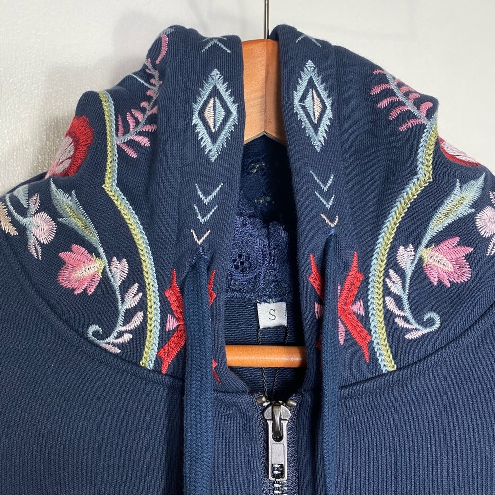 Floral Embroidery Navy Blue Boho Long Sleeves Sweatshirt Hooded Jackets, S - Picture 7 of 16